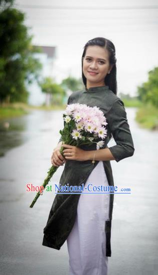 Traditional Top Grade Asian Vietnamese Costumes Dance Dress and Loose Pants, Vietnam National Female Handmade Deep Grey Ao Dai Dress Cheongsam Clothing for Women