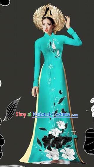 Traditional Top Grade Asian Vietnamese Costumes Dance Dress and Loose Pants, Vietnam National Female Handmade Printing Blue Ao Dai Dress Cheongsam Clothing for Women