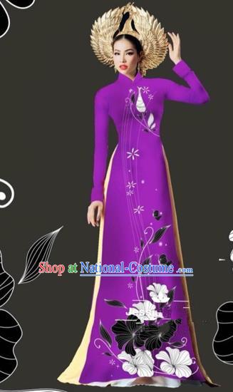 Traditional Top Grade Asian Vietnamese Costumes Dance Dress and Loose Pants, Vietnam National Female Handmade Printing Purple Ao Dai Dress Cheongsam Clothing for Women