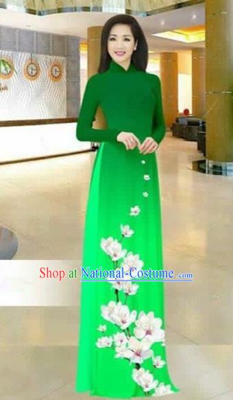 Traditional Top Grade Asian Vietnamese Costumes Dance Dress, Vietnam National Female Printing Flowers Green Ao Dai Dress Stand Collar Cheongsam Clothing for Women