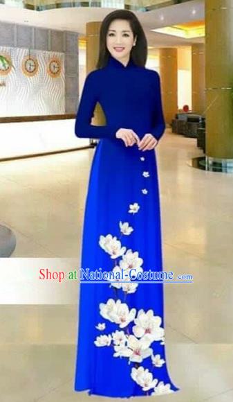 Traditional Top Grade Asian Vietnamese Costumes Dance Dress, Vietnam National Female Printing Flowers Royalblue Ao Dai Dress Stand Collar Cheongsam Clothing for Women