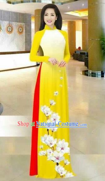 Traditional Top Grade Asian Vietnamese Costumes Dance Dress, Vietnam National Female Printing Flowers Yellow Ao Dai Dress Stand Collar Cheongsam Clothing for Women