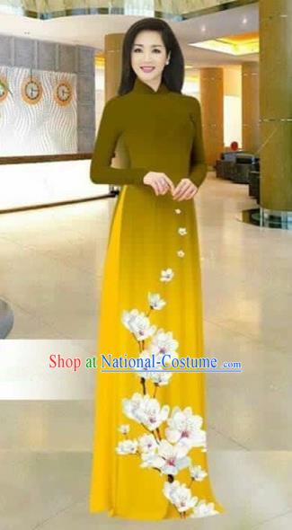 Traditional Top Grade Asian Vietnamese Costumes Dance Dress, Vietnam National Female Printing Flowers Olive Green Ao Dai Dress Stand Collar Cheongsam Clothing for Women