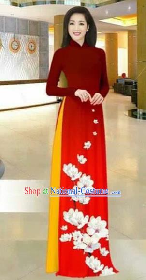 Traditional Top Grade Asian Vietnamese Costumes Dance Dress, Vietnam National Female Printing Flowers Red Ao Dai Dress Stand Collar Cheongsam Clothing for Women