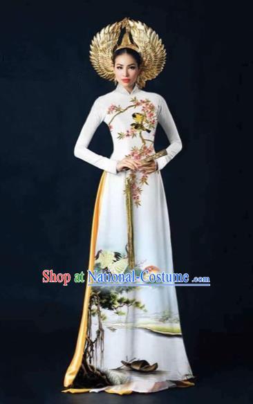 Traditional Top Grade Asian Vietnamese Costumes Dance Dress and Pants, Vietnam National Female Printing Crane White Ao Dai Dress Cheongsam Clothing Complete Set for Women