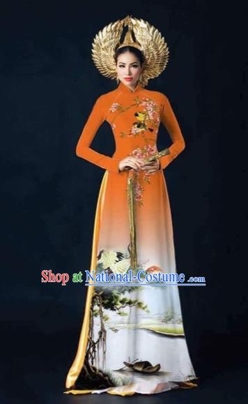 Traditional Top Grade Asian Vietnamese Costumes Dance Dress and Pants, Vietnam National Female Printing Crane Orange Ao Dai Dress Cheongsam Clothing Complete Set for Women