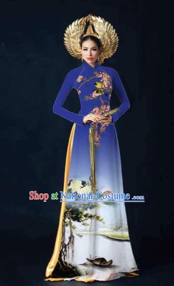 Traditional Top Grade Asian Vietnamese Costumes Dance Dress and Pants, Vietnam National Female Printing Crane Blue Ao Dai Dress Cheongsam Clothing Complete Set for Women