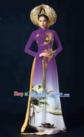 Traditional Top Grade Asian Vietnamese Costumes Dance Dress and Pants, Vietnam National Female Printing Crane Purple Ao Dai Dress Cheongsam Clothing Complete Set for Women