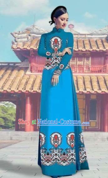 Traditional Top Grade Asian Vietnamese Costumes Dance Dress and Pants, Vietnam National Female Printing Blue Ao Dai Dress Cheongsam Clothing Complete Set for Women