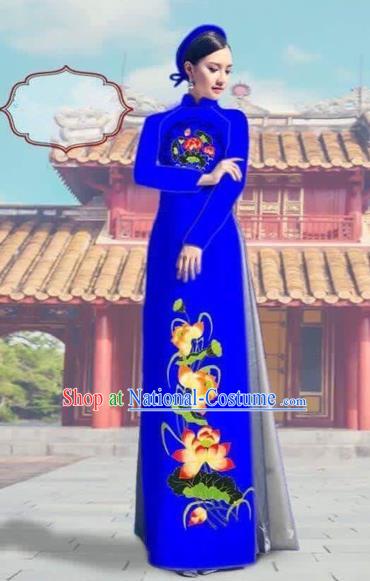 Traditional Top Grade Asian Vietnamese Costumes Dance Dress and Pants, Vietnam National Female Printing Royalblue Ao Dai Dress Cheongsam Clothing Complete Set for Women