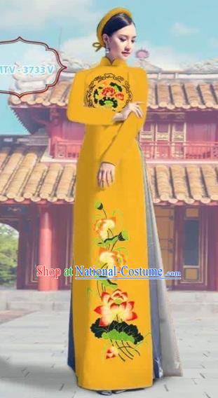 Traditional Top Grade Asian Vietnamese Costumes Dance Dress, Vietnam National Female Printing Lotus Yellow Ao Dai Dress Cheongsam Clothing Complete Set for Women