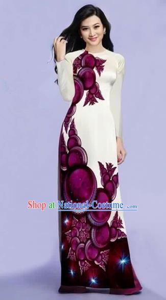 Traditional Top Grade Asian Vietnamese Costumes Dance Dress, Vietnam National Female Purple Printing Ao Dai Dress Cheongsam Clothing for Women