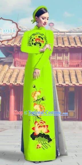 Traditional Top Grade Asian Vietnamese Costumes Dance Dress, Vietnam National Female Printing Lotus Bright Green Ao Dai Dress Cheongsam Clothing Complete Set for Women