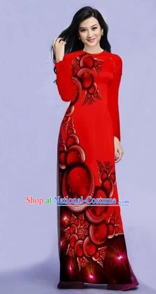 Traditional Top Grade Asian Vietnamese Costumes Dance Dress, Vietnam National Female Printing Dark Red Ao Dai Dress Cheongsam Clothing for Women