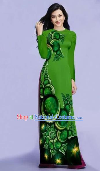 Traditional Top Grade Asian Vietnamese Costumes Dance Dress, Vietnam National Female Printing Green Ao Dai Dress Cheongsam Clothing for Women