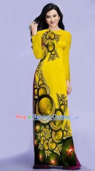 Traditional Top Grade Asian Vietnamese Costumes Dance Dress, Vietnam National Female Printing Yellow Ao Dai Dress Cheongsam Clothing for Women