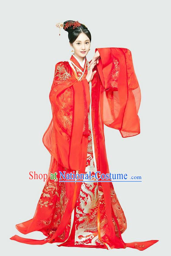 Traditional Chinese Ancient Tang Dynasty Bride Costumes and Handmade Headpiece Complete Set, China Ancient Peri Princess Wedding Dress Clothing for Women