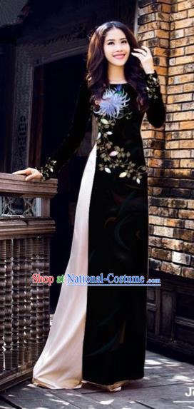 Traditional Top Grade Asian Vietnamese Costumes Dance Dress, Vietnam National Female Printing Flowers Black Ao Dai Dress Cheongsam Clothing for Women