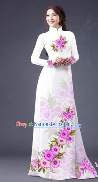 Traditional Top Grade Asian Vietnamese Costumes Dance Dress, Vietnam National Female Painting Flowers White Ao Dai Dress Cheongsam Clothing for Women