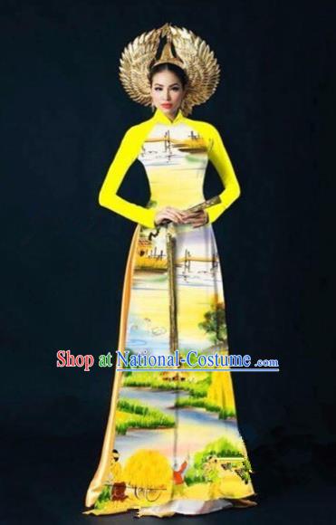 Traditional Top Grade Asian Vietnamese Costumes Dance Dress, Vietnam National Women Ao Dai Dress Printing Landscape Yellow Cheongsam Clothing