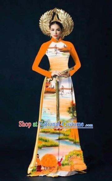 Traditional Top Grade Asian Vietnamese Costumes Dance Dress, Vietnam National Women Ao Dai Dress Printing Landscape Orange Cheongsam Clothing