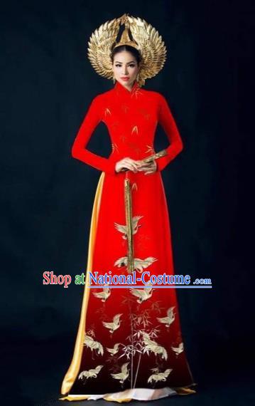 Traditional Top Grade Asian Vietnamese Costumes Dance Dress, Vietnam National Women Ao Dai Dress Printing Red Cheongsam Clothing