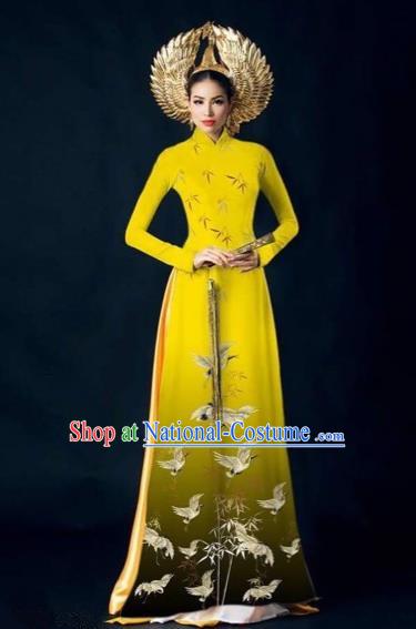 Traditional Top Grade Asian Vietnamese Costumes Dance Dress, Vietnam National Women Ao Dai Dress Printing Yellow Cheongsam Clothing