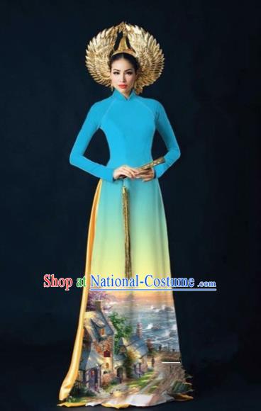 Traditional Top Grade Asian Vietnamese Costumes Dance Dress, Vietnam National Women Ao Dai Dress Printing View Blue Cheongsam Clothing