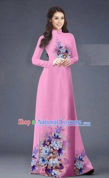 Traditional Top Grade Asian Vietnamese Costumes Dance Dress, Vietnam National Women Ao Dai Dress Printing Flowers Long Rose Cheongsam Clothing