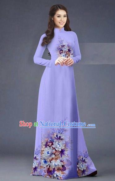 Traditional Top Grade Asian Vietnamese Costumes Dance Dress, Vietnam National Women Ao Dai Dress Printing Flowers Long Light Purple Cheongsam Clothing