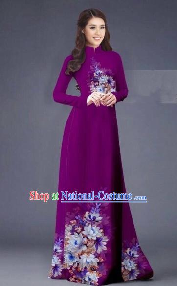 Traditional Top Grade Asian Vietnamese Costumes Dance Dress, Vietnam National Women Ao Dai Dress Printing Flowers Long Wine Red Cheongsam Clothing