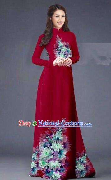 Traditional Top Grade Asian Vietnamese Costumes Dance Dress, Vietnam National Women Ao Dai Dress Printing Flowers Long Red Cheongsam Clothing