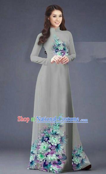 Traditional Top Grade Asian Vietnamese Costumes Dance Dress, Vietnam National Women Ao Dai Dress Printing Flowers Long Grey Cheongsam Clothing