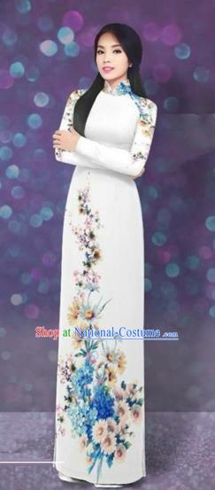 Traditional Top Grade Asian Vietnamese Costumes Dance Dress, Vietnam National Women Ao Dai Dress Printing Daisy Blue Flowers Long White Cheongsam Clothing