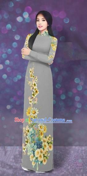 Traditional Top Grade Asian Vietnamese Costumes Dance Dress, Vietnam National Women Ao Dai Dress Printing Daisy Flowers Long Grey Cheongsam Clothing