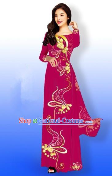 Traditional Top Grade Asian Vietnamese Costumes Dance Dress and Loose Pants, Vietnam National Women Ao Dai Dress Printing Long Cheongsam Clothing Complete Set