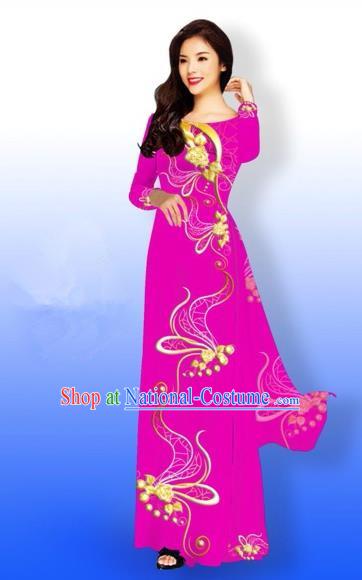 Traditional Top Grade Asian Vietnamese Costumes Dance Dress and Loose Pants, Vietnam National Women Ao Dai Dress Printing Long Rose Cheongsam Clothing Complete Set