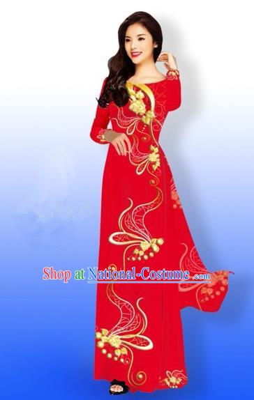 Traditional Top Grade Asian Vietnamese Costumes Dance Dress and Loose Pants, Vietnam National Women Ao Dai Dress Printing Long Red Cheongsam Clothing Complete Set