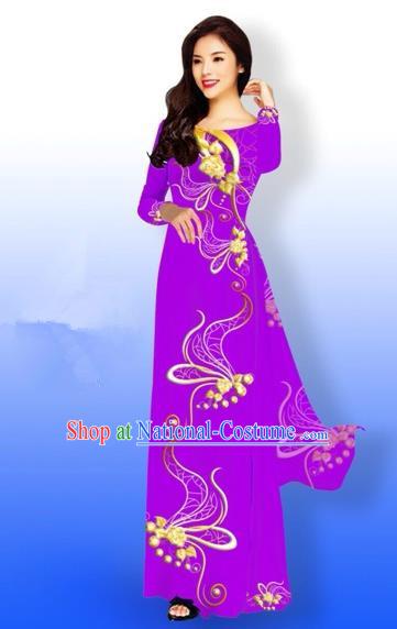 Traditional Top Grade Asian Vietnamese Costumes Dance Dress and Loose Pants, Vietnam National Women Ao Dai Dress Printing Long Purple Cheongsam Clothing Complete Set