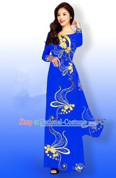 Traditional Top Grade Asian Vietnamese Costumes Dance Dress and Loose Pants, Vietnam National Women Ao Dai Dress Printing Long Royalblue Cheongsam Clothing Complete Set