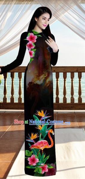 Traditional Top Grade Asian Vietnamese Costumes, Vietnam National Ao Dai Dress Printing Flowers Crane Black Qipao for Women