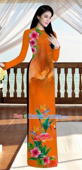 Traditional Top Grade Asian Vietnamese Costumes, Vietnam National Ao Dai Dress Printing Flowers Crane Orange Qipao for Women