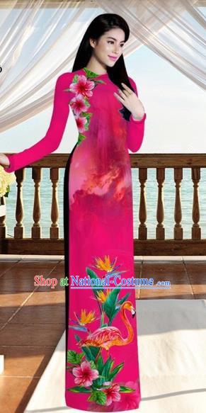 Traditional Top Grade Asian Vietnamese Costumes, Vietnam National Ao Dai Dress Printing Flowers Crane Pink Qipao for Women