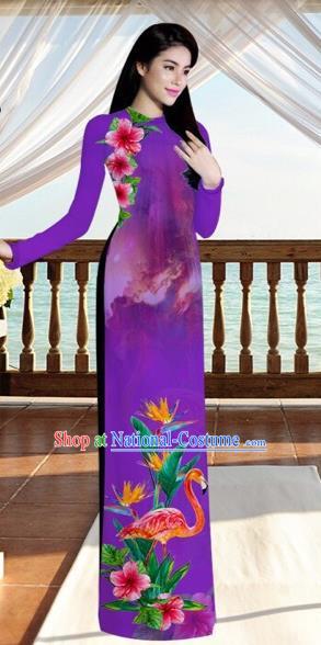 Traditional Top Grade Asian Vietnamese Costumes, Vietnam National Ao Dai Dress Printing Flowers Crane Purple Qipao for Women