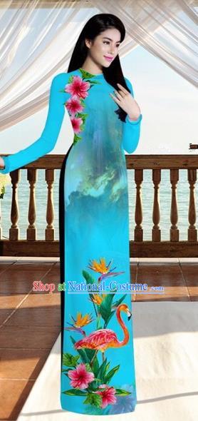 Traditional Top Grade Asian Vietnamese Costumes, Vietnam National Ao Dai Dress Printing Flowers Crane Peacock Blue Qipao for Women