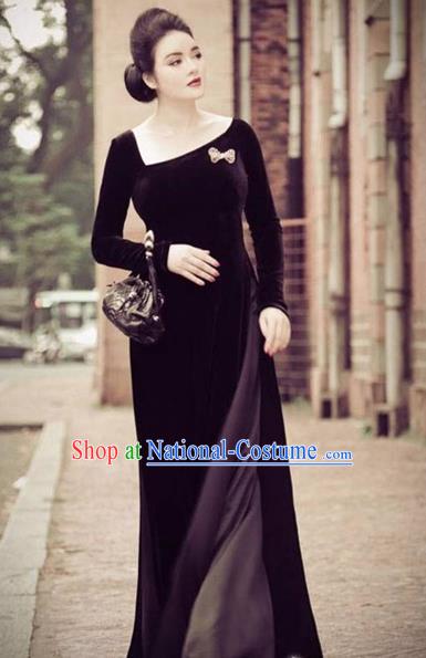 Traditional Top Grade Asian Vietnamese Costumes Full Dress, Vietnam National Ao Dai Dress Pleuche Black Qipao for Women