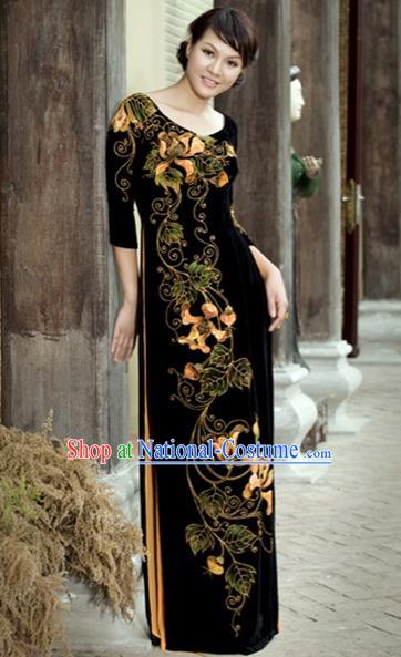 Traditional Top Grade Asian Vietnamese Costumes Embroidery Full Dress, Vietnam National Ao Dai Dress Black Qipao for Women