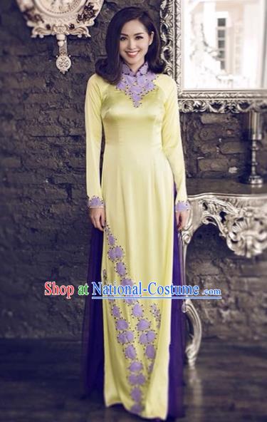 Traditional Top Grade Asian Vietnamese Costumes Hand Embroidery Full Dress, Vietnam National Ao Dai Dress Yellow Qipao for Women