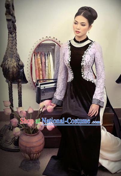 Traditional Top Grade Asian Vietnamese Costumes Handmade Full Dress, Vietnam National Ao Dai Dress Lace Pleuche Qipao for Women