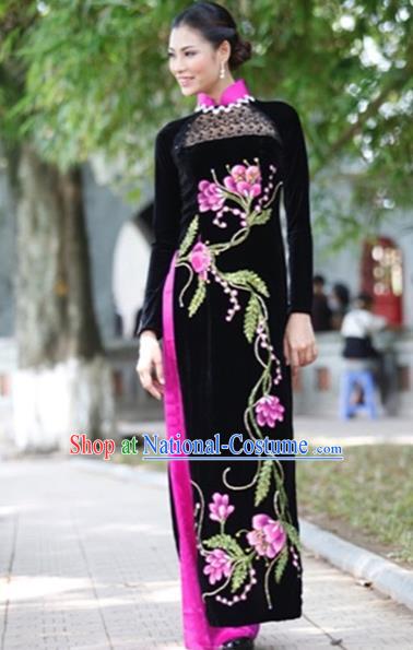 Traditional Top Grade Asian Vietnamese Costumes Handmade Embroidery Full Dress, Vietnam National Ao Dai Dress Qipao for Women